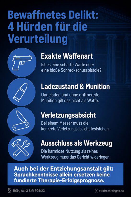 Infografik (Checkliste): Zeigt 4 Hürden für Verurteilungen bei bewaffneten Delikten wie Waffenart und Ladezustand.
