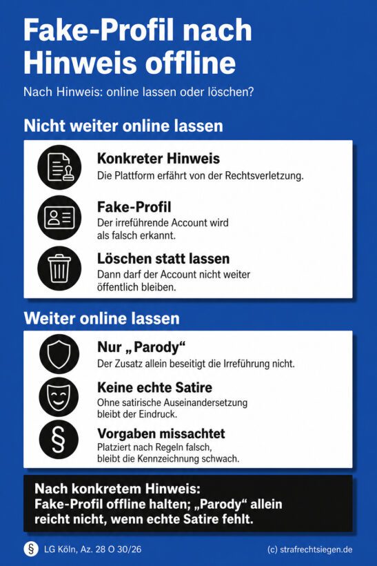 Infografik: Die Störerhaftung verpflicht Betreiber von Social-Media-Plattformen, Fake-Profile nach einem konkreten Hinweis zu löschen, wobei eine bloße Kennzeichnung als Parodie ohne echte Satire nicht ausreicht.