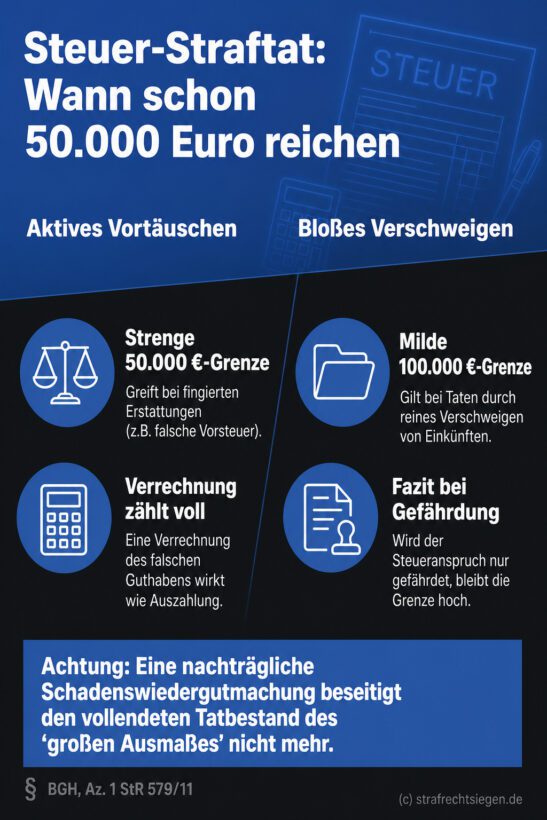 Infografik (Gegenüberstellung): Vergleich der 50k- und 100k-Grenzen bei Steuerhinterziehung nach BGH-Rechtsprechung.