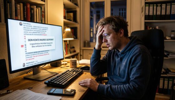 Ein Mann blickt fassungslos auf einen Monitor mit der Meldung 'Dein Konto wurde gesperrt' in einem Arbeitszimmer.