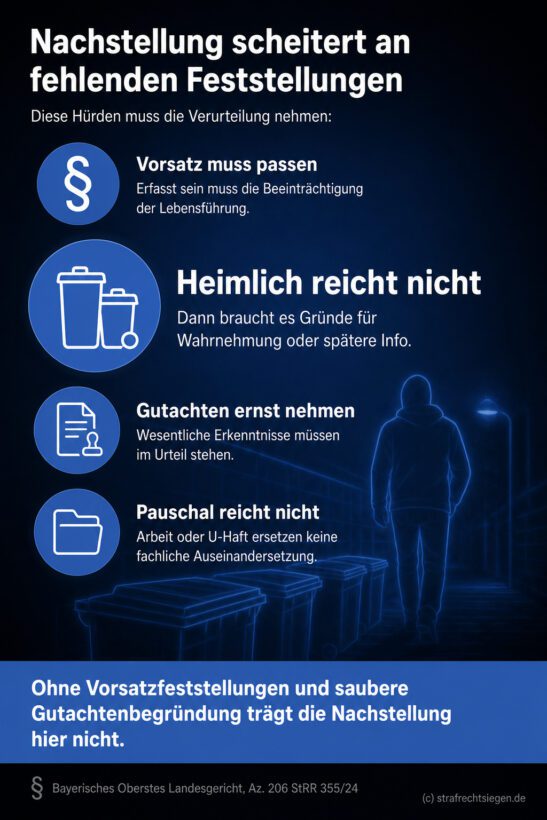 Infografik: Die Verurteilung wegen Nachstellung setzt laut BayObLG konkrete Vorsatzfeststellungen zur Beeinträchtigung der Lebensführung und eine fundierte Auseinandersetzung mit psychiatrischen Gutachten voraus.