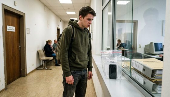 Junger Mann vor einem Behördentresen blickt verzweifelt auf sein Smartphone in einer Beweismitteltüte.