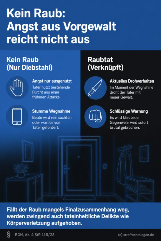 Infografik (Gegenüberstellung): Vergleich zwischen straflosem Ausnutzen von Angst und Raub mit aktuellem Drohverhalten.