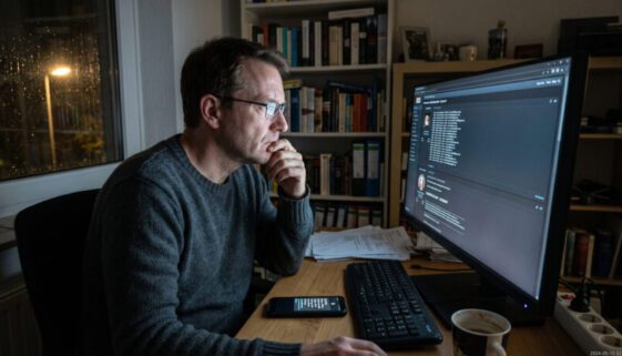 Mann blickt besorgt auf einen Monitor, auf dem persönliche Daten in einer Liste im Darknet zum Verkauf stehen.