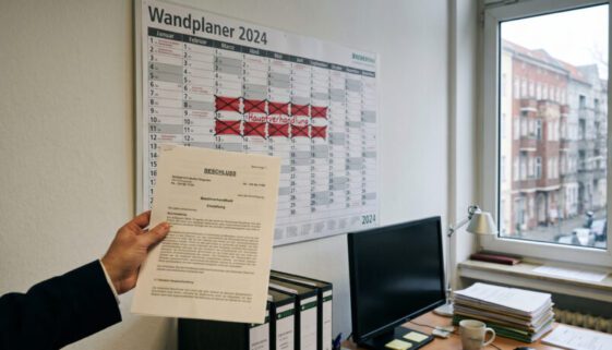 Ein Wandkalender mit rot markierten Verhandlungsterminen wird von einem Gerichtsbeschluss mit dem Titel Einziehung verdeckt.