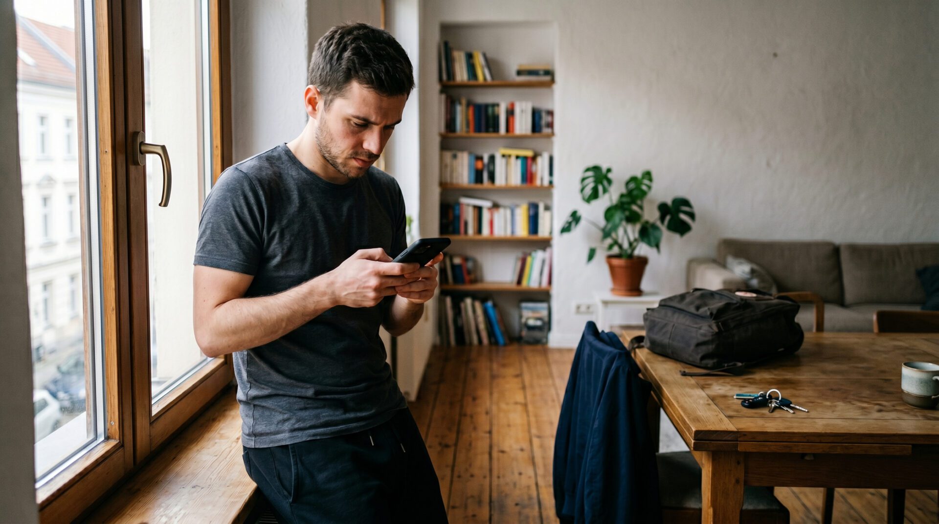 Mann in Altbauwohnung löscht Chatverläufe auf Smartphone, im Hintergrund liegt ein Rucksack auf dem Tisch.
