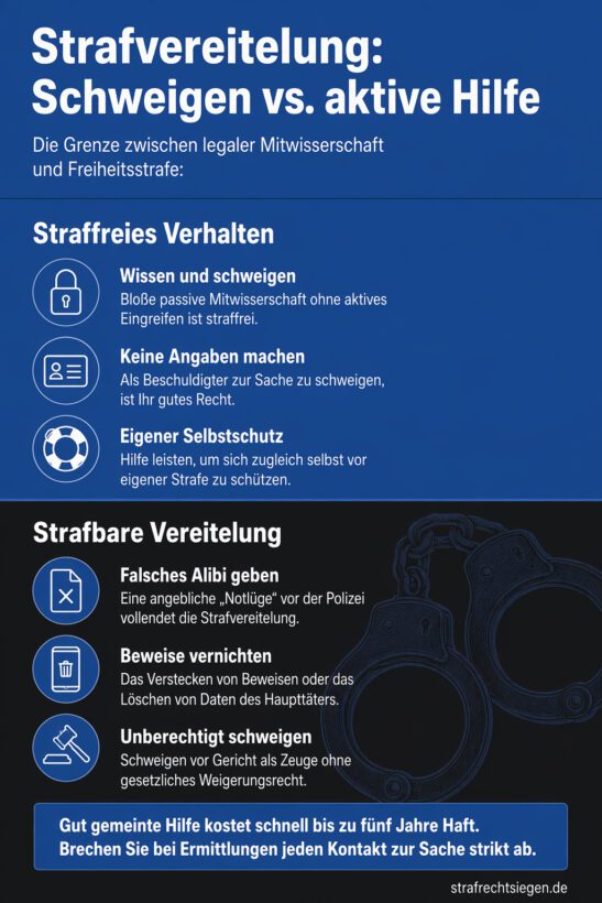 Infografik (Do's und Don'ts): Vergleich von straffreiem Verhalten wie Schweigen und strafbarer Hilfe bei Strafvereitelung.