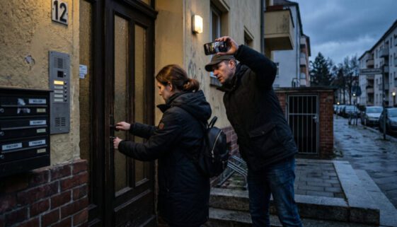 Ein Mann filmt eine verunsicherte Frau aus nächster Nähe an ihrer Haustür in einem dunklen Hauseingang.