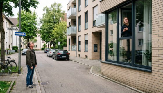 Ein Mann steht beharrlich vor einem Wohnhaus, während eine Person am Fenster besorgt telefoniert.