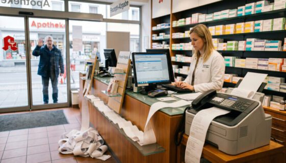Faxgerät in einer Apotheke mit langem Papierausstoß, im Hintergrund ein gestikulierender Mann vor der Glastür.