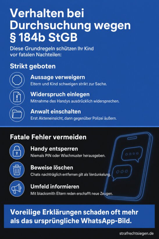 Infografik (Do's und Don'ts): Verhaltensregeln für Eltern bei einer Hausdurchsuchung wegen Kinderpornografie-Verdachts.