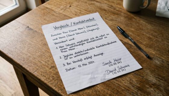 Privater Vergleichstext über ein Kontaktverbot ohne amtliche Siegel auf einem schlichten Holztisch.