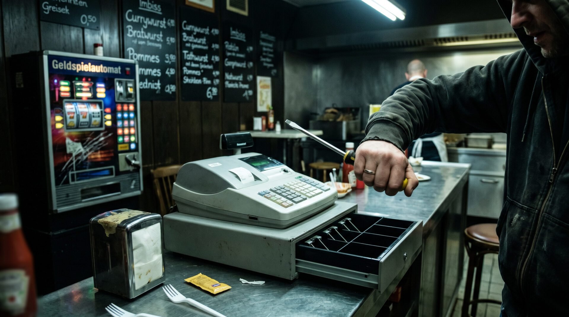 Nahaufnahme einer Hand, die einen Schraubendreher drohend vor einer offenen Kasse in einem Imbiss hält.