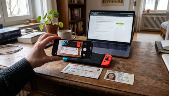 Smartphone fotografiert Spielkonsole und Ticket auf einem Tisch neben einem deutschen Personalausweis.