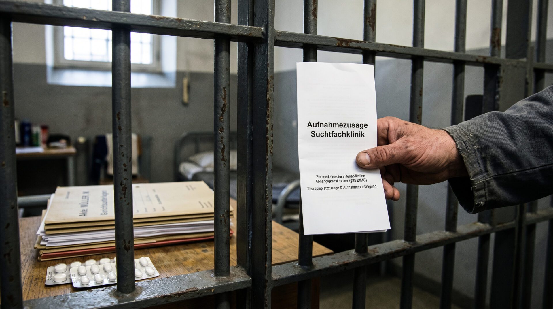 Hand eines Inhaftierten hält Klinik-Broschüre hinter Gefängnisgittern neben Gerichtsdokumenten.