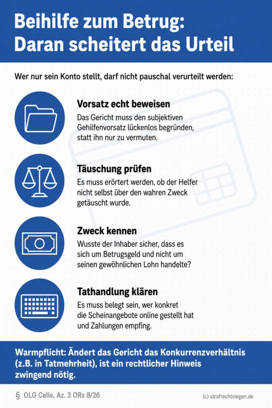 Infografik (Checkliste): Vier gleichwertige Prüfpunkte gegen pauschale Beihilfe-Verurteilung bei Kontenbereitstellung