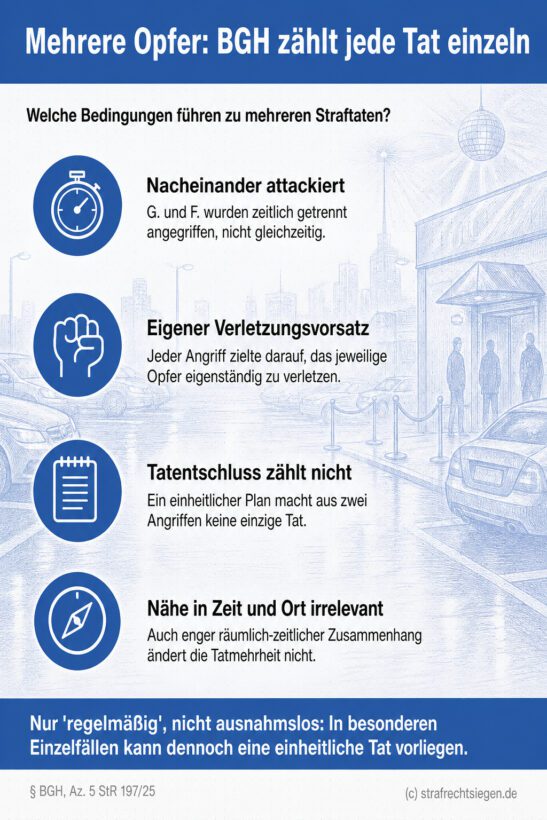 Infografik (Checkliste): 4 Kriterien, warum sukzessive Angriffe auf mehrere Personen als getrennte Straftaten gelten