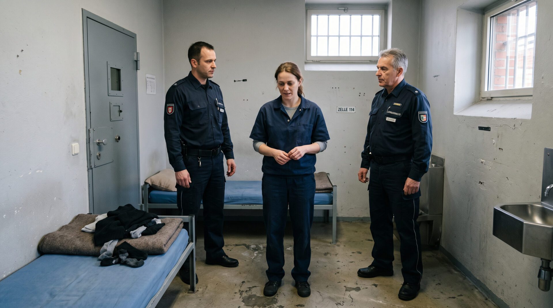 Eine Frau in einer kargen Gefängniszelle wird von zwei uniformierten Justizbeamten bei einer Durchsuchung beaufsichtigt.
