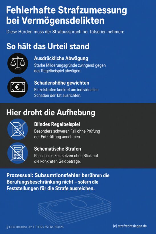 Infografik (Do's und Don'ts): Regeln vs. Fehler bei Strafzumessung bei Vermögensdelikts-Serien, mit Fazit zur Berufungsbeschränkung.