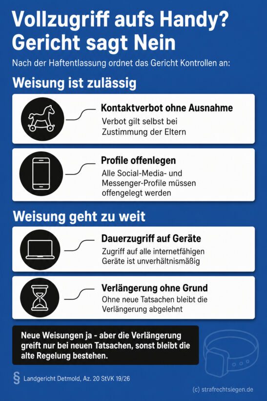 Infografik (Do's and Don'ts): Zulässige Kontrollweisungen (Kontaktverbot, Profiloffenlegung) vs. unzulässige (Gerätezugriff, grundlose Verlängerung)