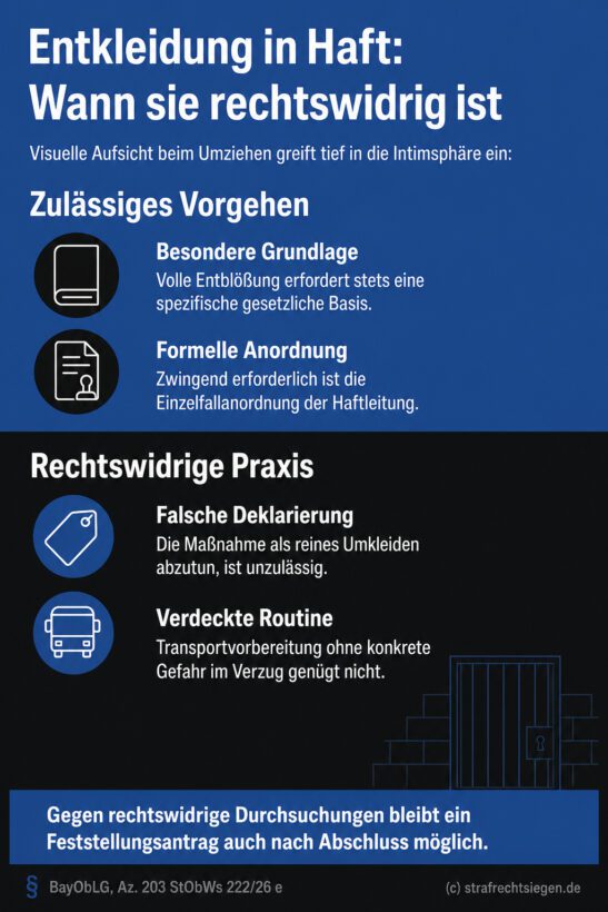 Infografik (Do's und Don'ts): Zulässige Einzelfallanordnung vs. rechtswidrige verdeckte Entkleidungsdurchsuchung in Haft.