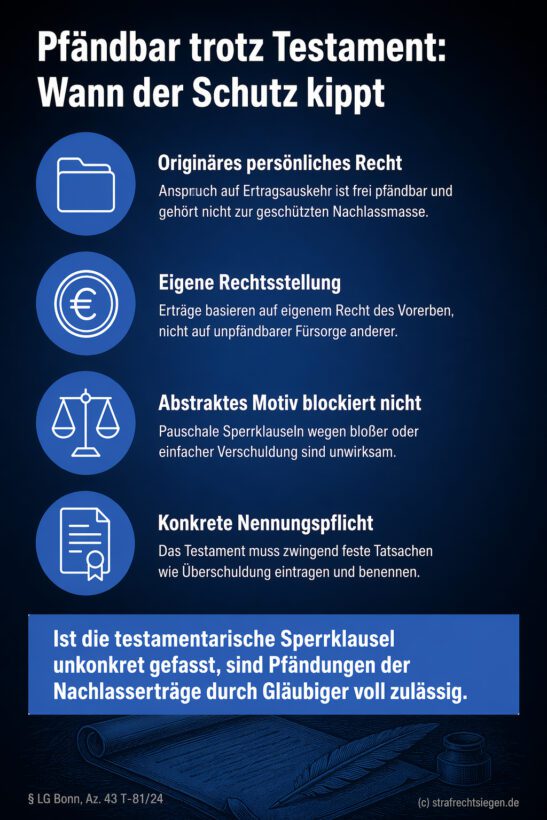 Infografik (Checkliste): Vier Gründe, warum Nachlasserträge trotz Testament-Sperrklausel pfändbar bleiben