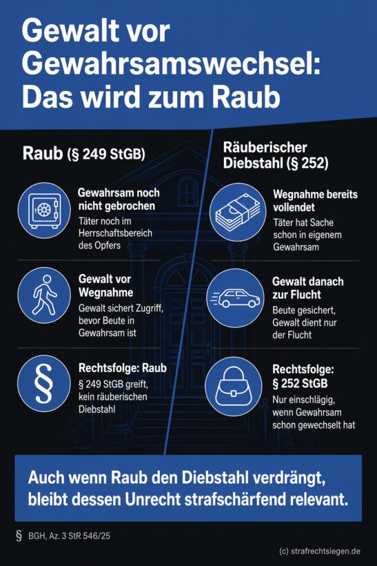 Infografik (Gegenüberstellung): Vergleich von Raub und räuberischem Diebstahl basierend auf dem Gewahrsamswechsel.