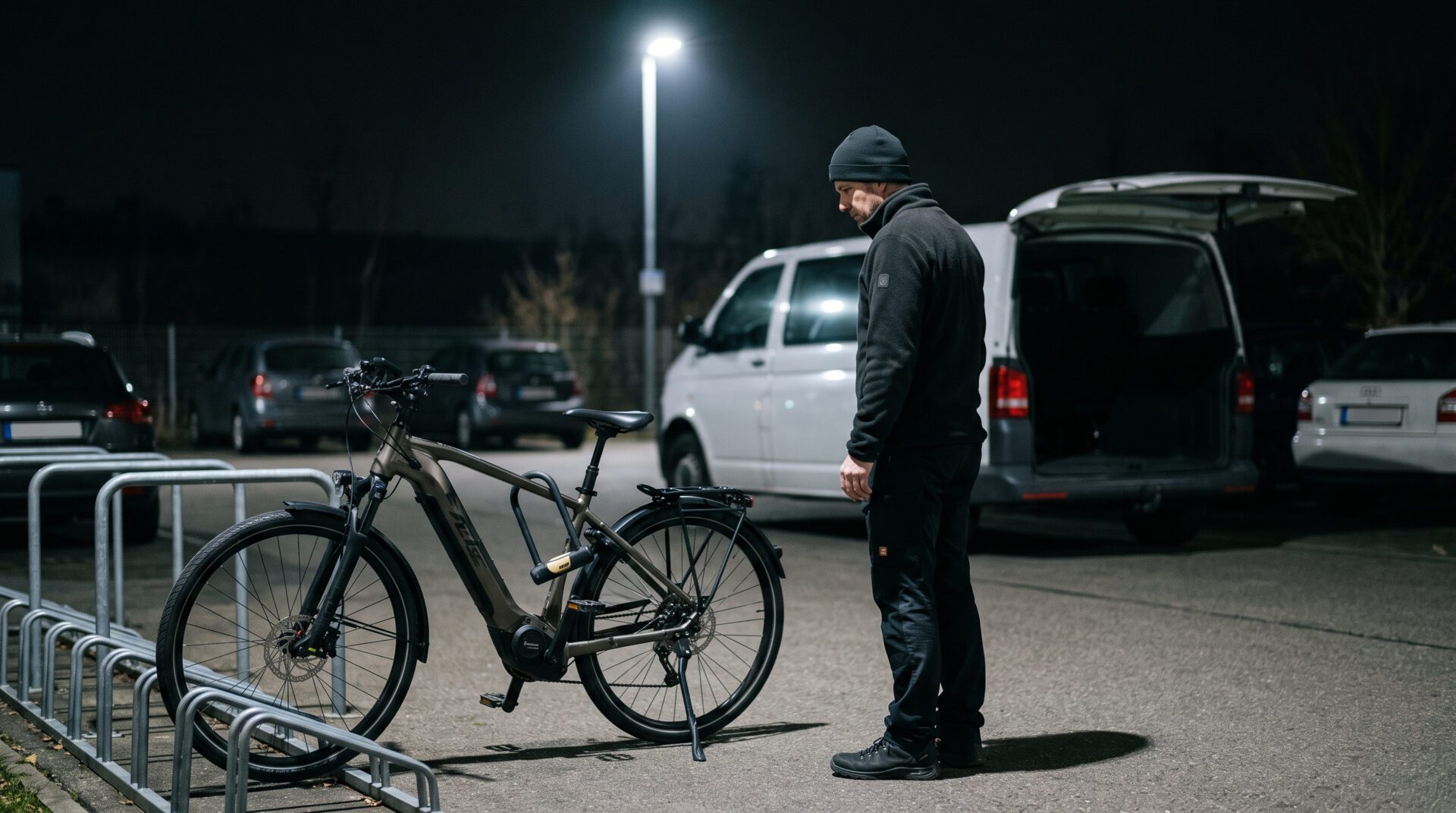 Mann beobachtet nachts ein abgeschlossenes Pedelec auf einem Firmenparkplatz; im Hintergrund steht ein Transporter.