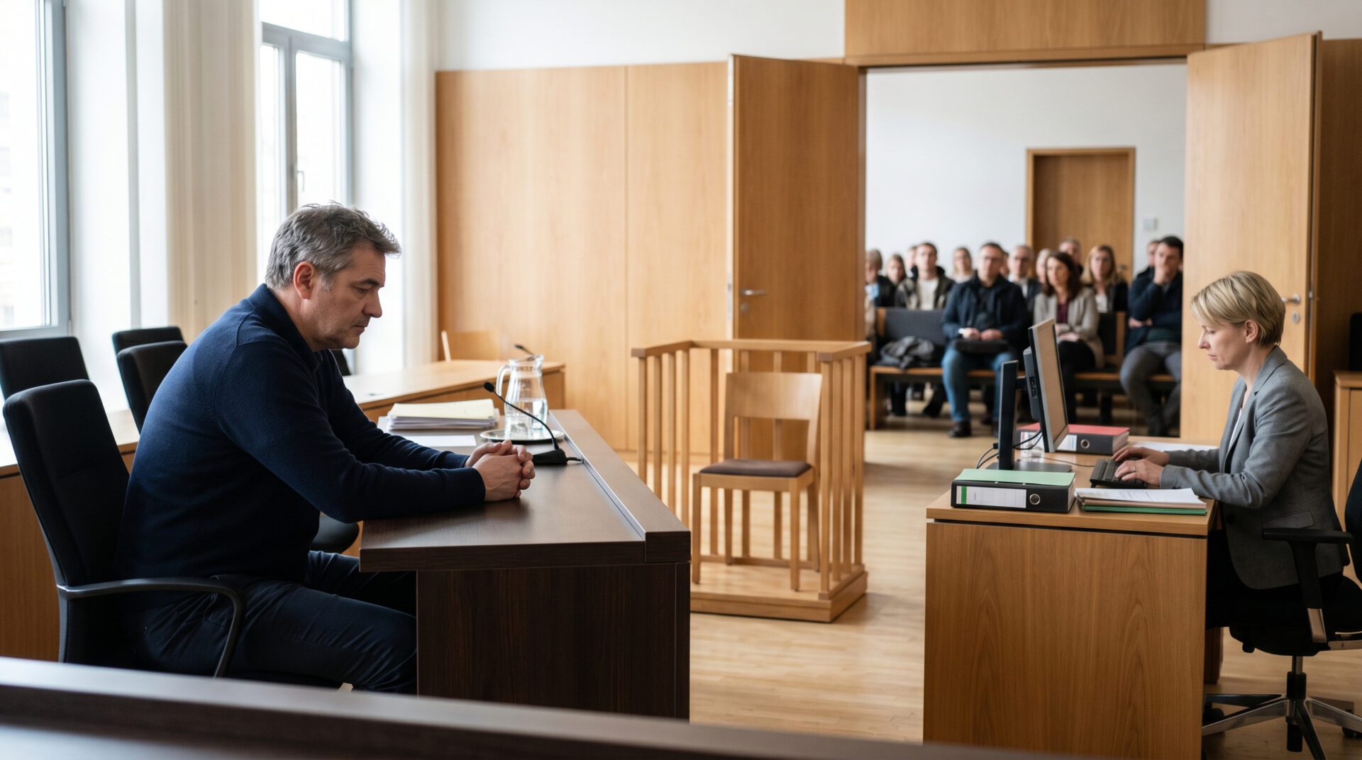Schweigsamer Angeklagter in einem modernen Gerichtssaal, im Hintergrund Zuschauer auf Bänken bei geöffneter Saaltür.