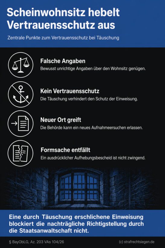 Infografik (Checkliste): 4 Punkte zeigen, dass Scheinwohnsitz bei JVA-Einweisung keinen Vertrauensschutz gewährt