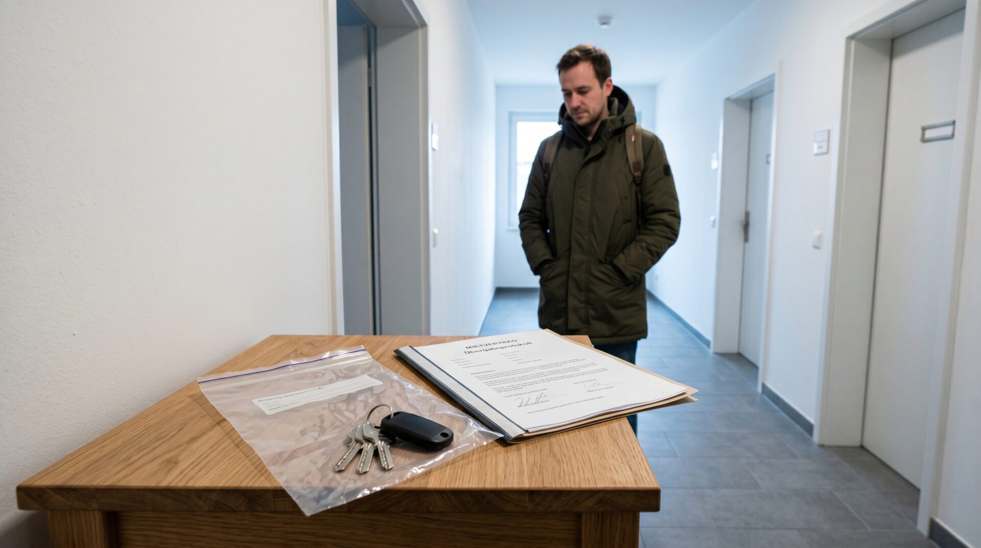 Ein versiegelter Schlüsselbund und ein Mietvertrag liegen auf einem Holztisch in einer ansonsten leeren Wohnung.