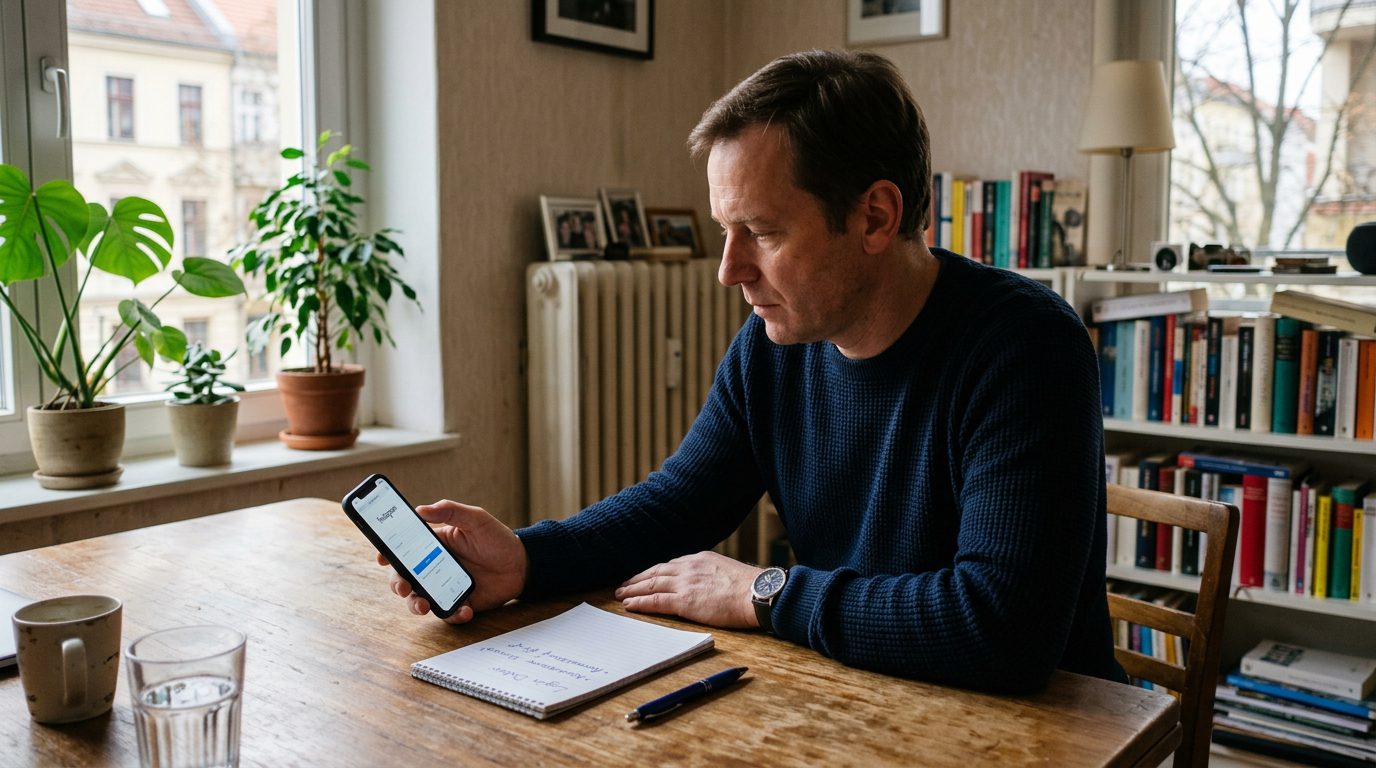 Mann am Tisch registriert sich am Smartphone für ein soziales Netzwerk, daneben liegt ein Notizblock mit Benutzernamen.