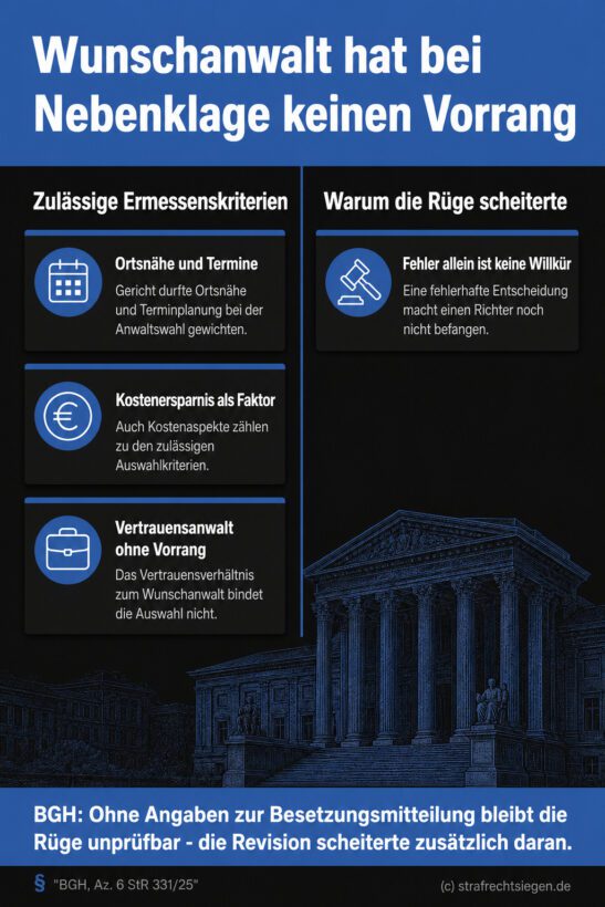 Infografik (Gegenüberstellung): Zulässige Gerichtskriterien bei Anwaltswahl vs. gescheiterte Befangenheitsrüge des Nebenklägers